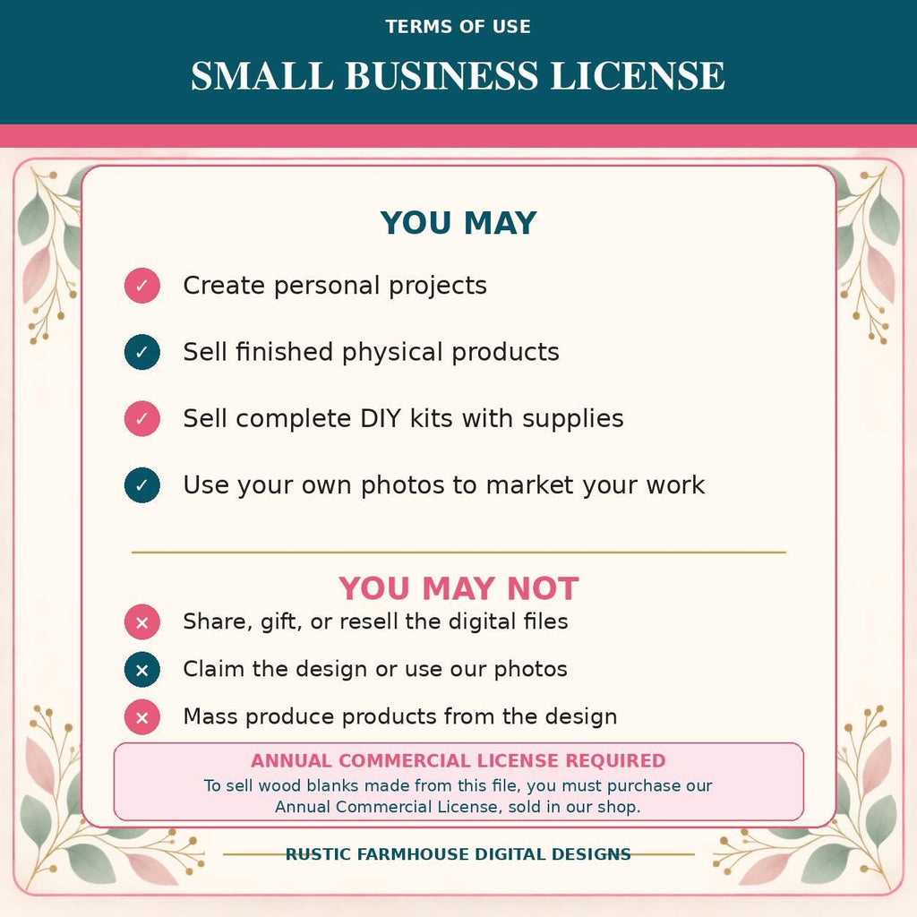 a list of terms and conditions for a small business license, including guidelines for creating personal projects, selling finished physical products, selling complete DIY kits, using photos to market work, and sharing, gifting, or reselling digital files.