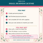 a list of terms and conditions for a small business license, including guidelines for creating personal projects, selling finished physical products, selling complete DIY kits, using photos to market work, and sharing, gifting, or reselling digital files.