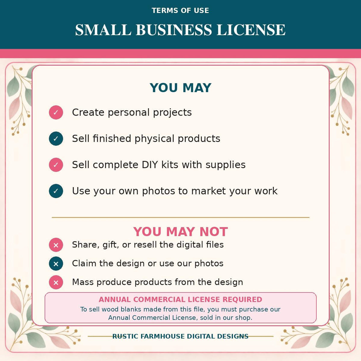 a list of terms and conditions for a small business license, including guidelines for creating personal projects, selling finished physical products, selling complete DIY kits, using photos to market work, and sharing, gifting, or reselling digital files.
