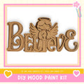 a DIY wood paint kit with a wooden angel figure and the word "Believe" written on it.