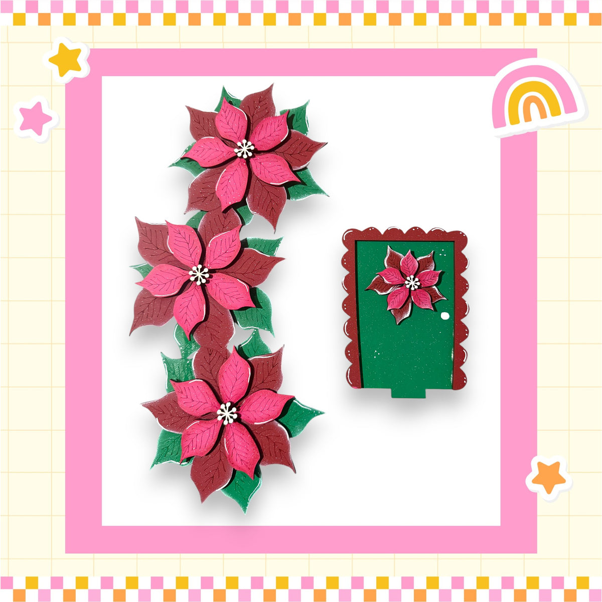 three pink poinsettia flowers and a green door, all set against a pink and yellow checkered background.