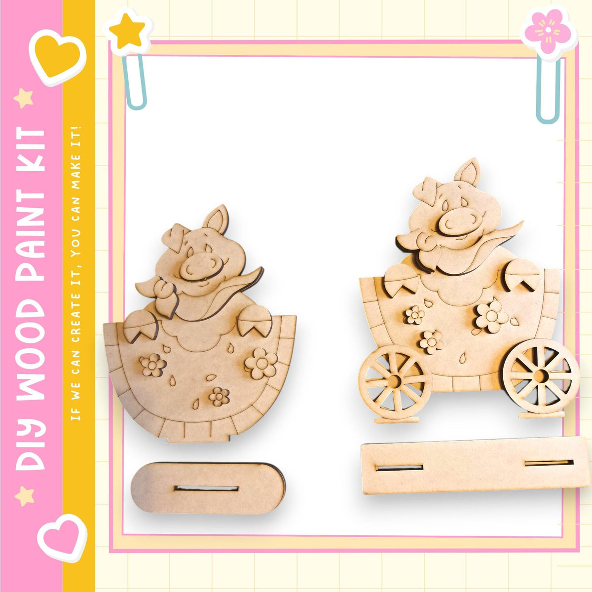 two wooden cutouts of cartoon-like characters, likely representing pigs, set against a pink and yellow background.