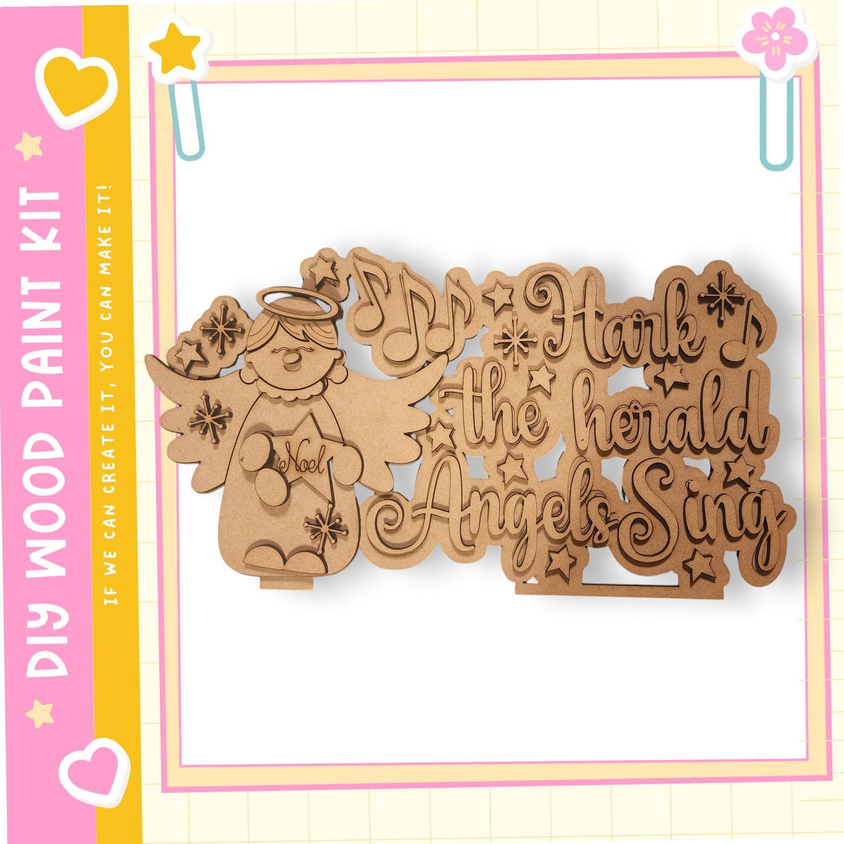 A wooden sign with the text "Hark the Herd Angel Sing" carved into it, featuring an angel figure and musical notes.