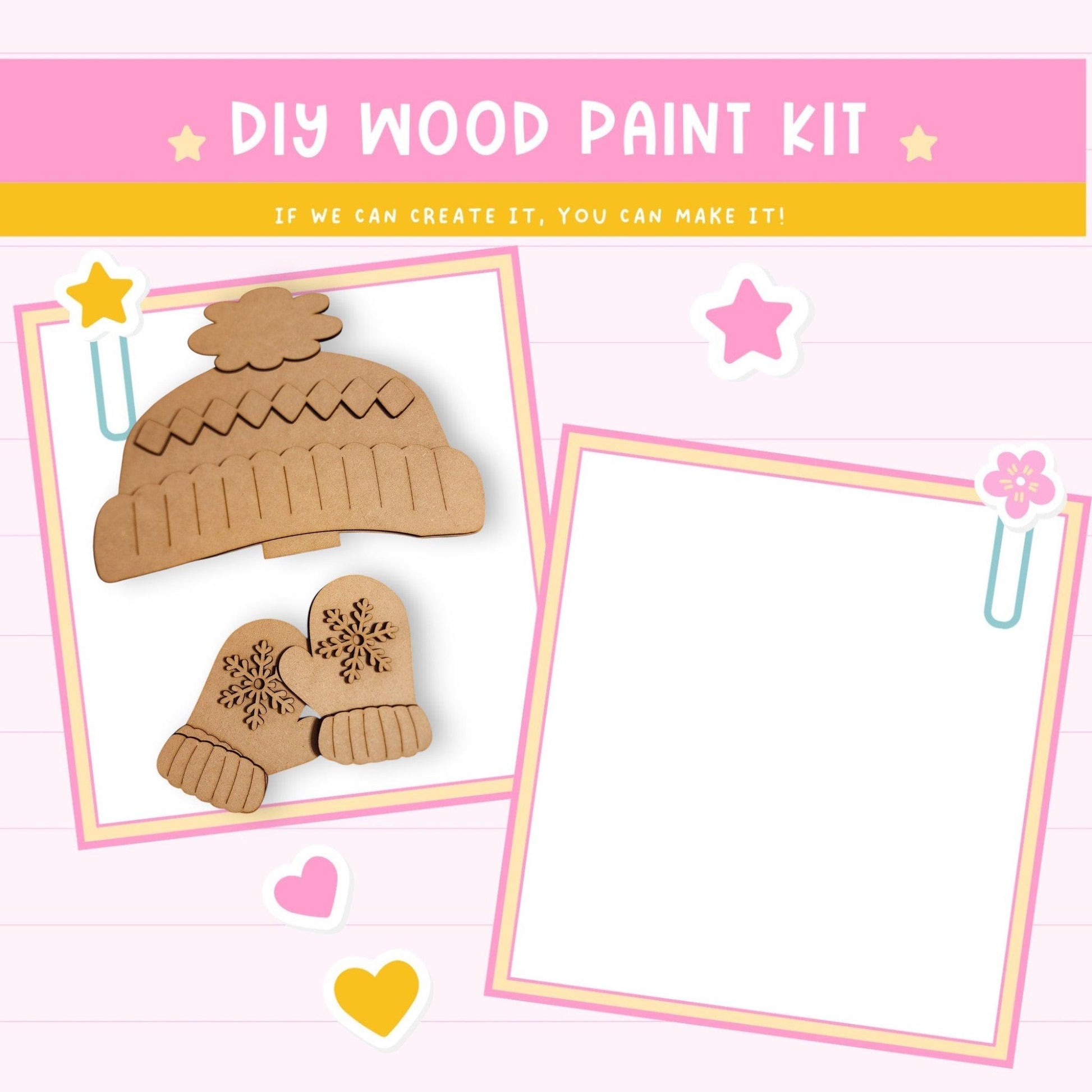 a wooden craft kit with a picture of a hat and mittens