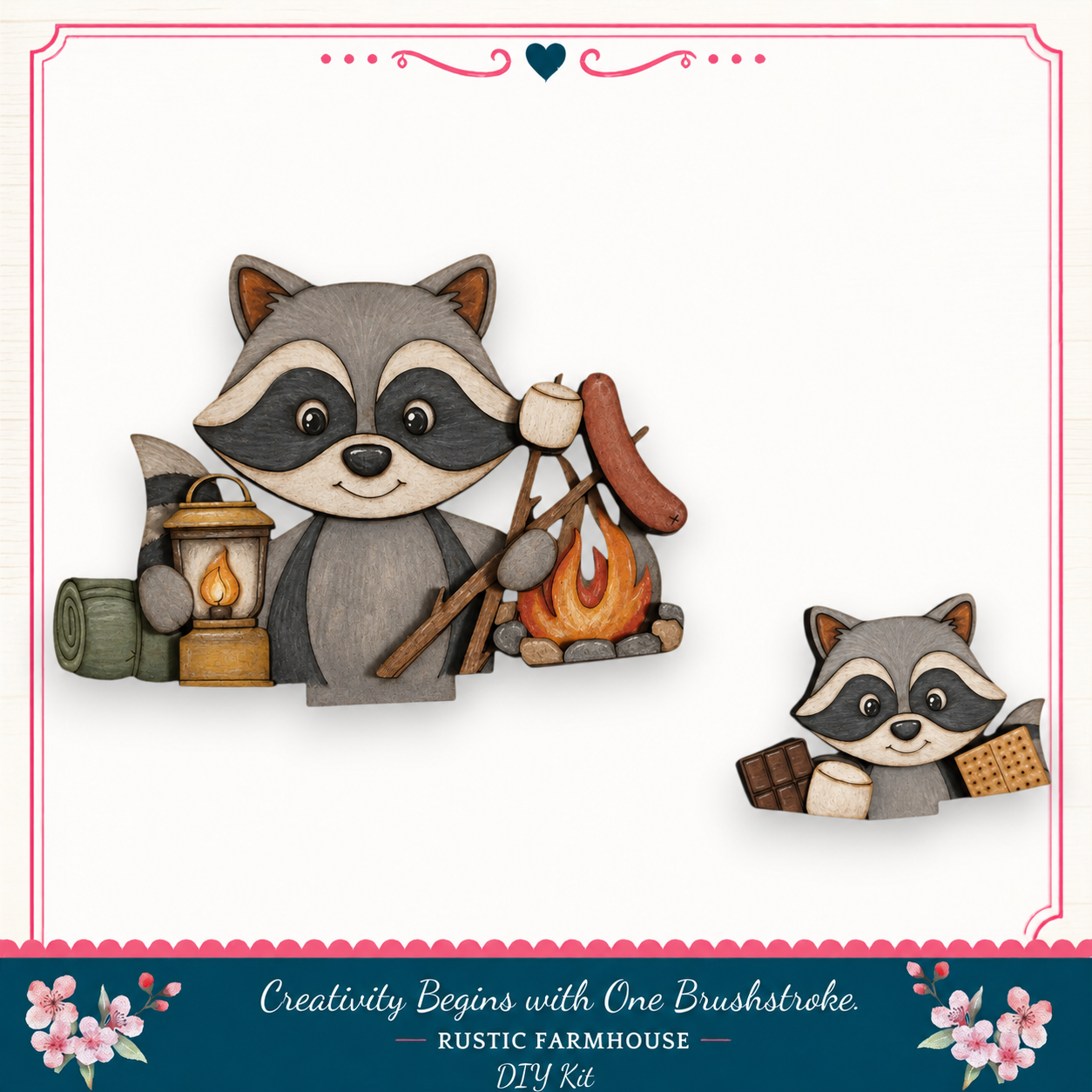 a raccoon holding a lantern, a campfire, and marshmallows, with a smaller raccoon sitting next to it. The image is a collage of multiple images, and the text below the image reads "Creativity Begins with One Brushstroke. Rustic Farmhouse - DIY Kit".