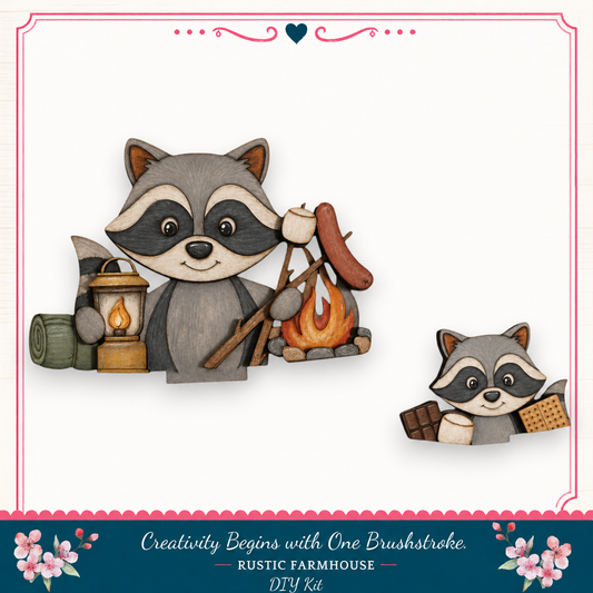 a raccoon holding a lantern, a campfire, and marshmallows, with a smaller raccoon sitting next to it. The image is a collage of multiple images, and the text below the image reads "Creativity Begins with One Brushstroke. Rustic Farmhouse - DIY Kit".