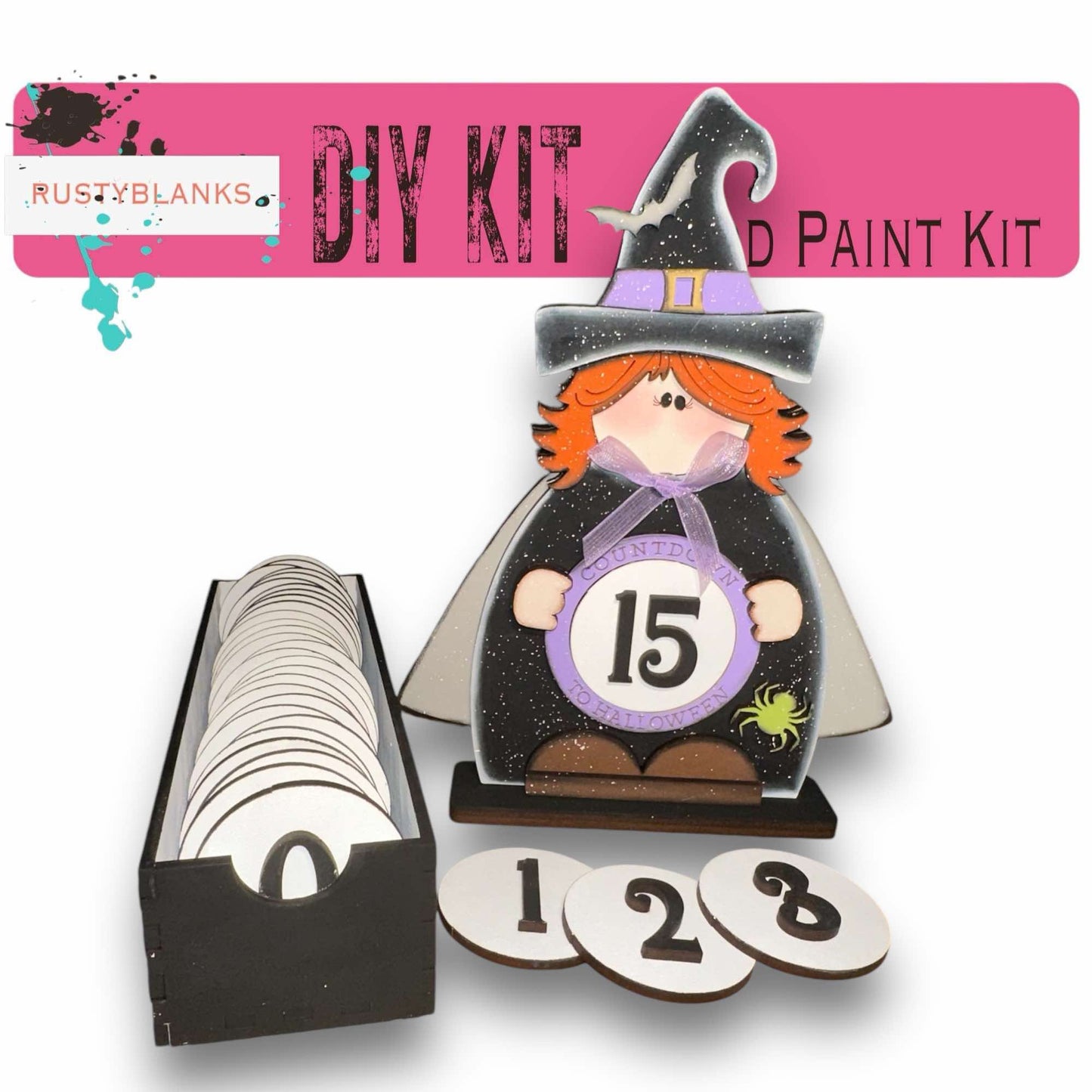 a diy kit with a clock and witch hat