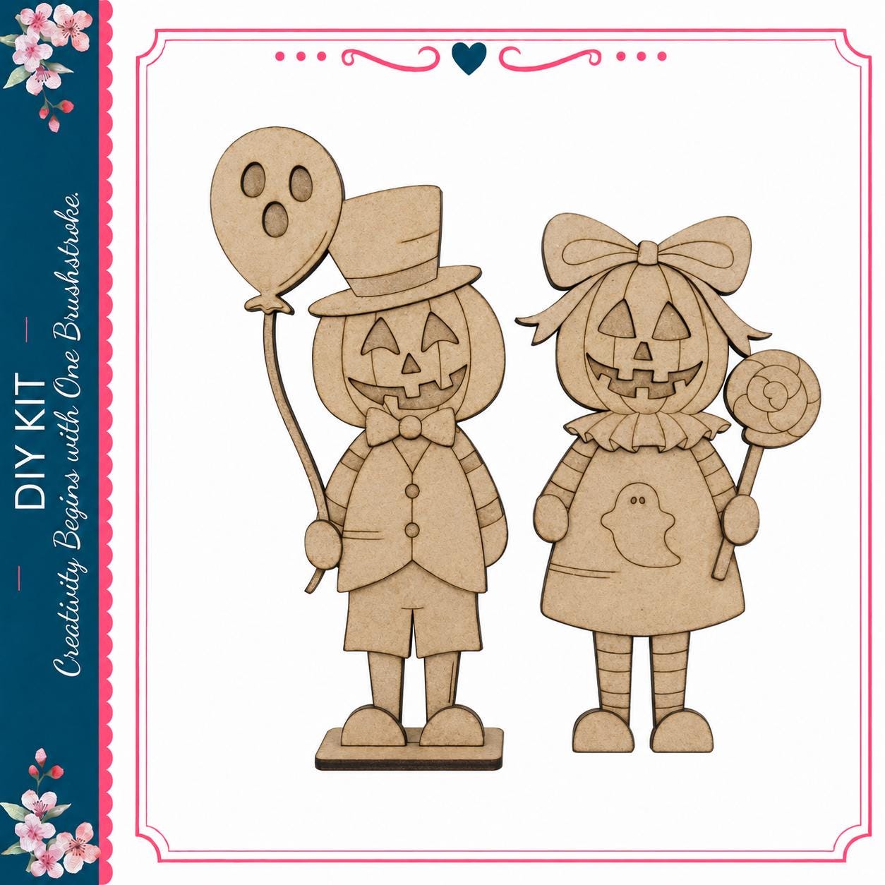 two wooden figures, a pumpkin and a ghost, holding a balloon and a lollipop, respectively.