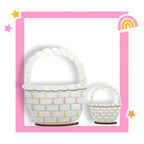 a white basket and a basket with a rainbow in the background