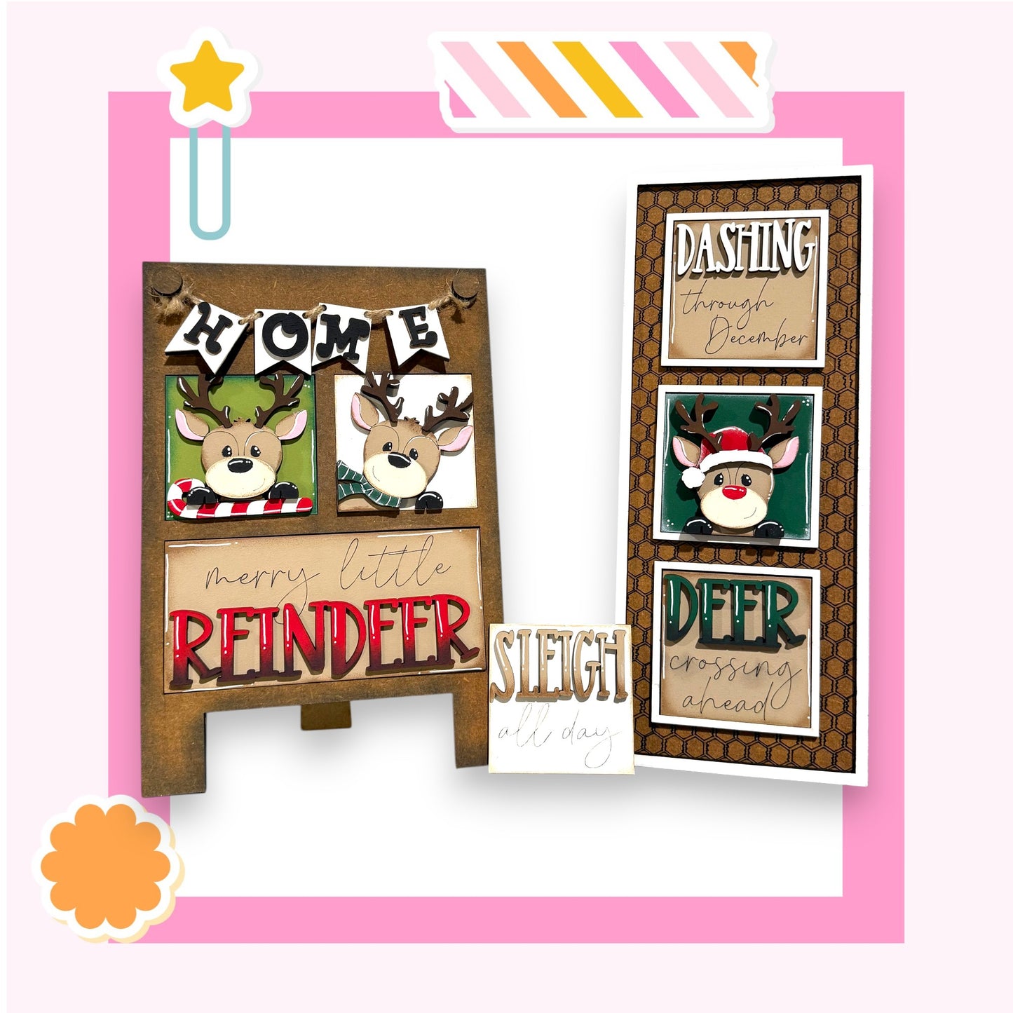 The image is a collage featuring various Christmas-themed elements, including reindeer, a snowman, and holiday greetings.