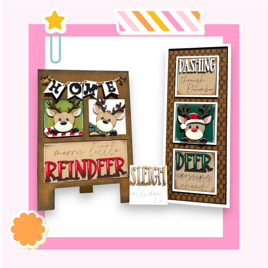 The image is a collage featuring various Christmas-themed elements, including reindeer, a snowman, and holiday greetings.