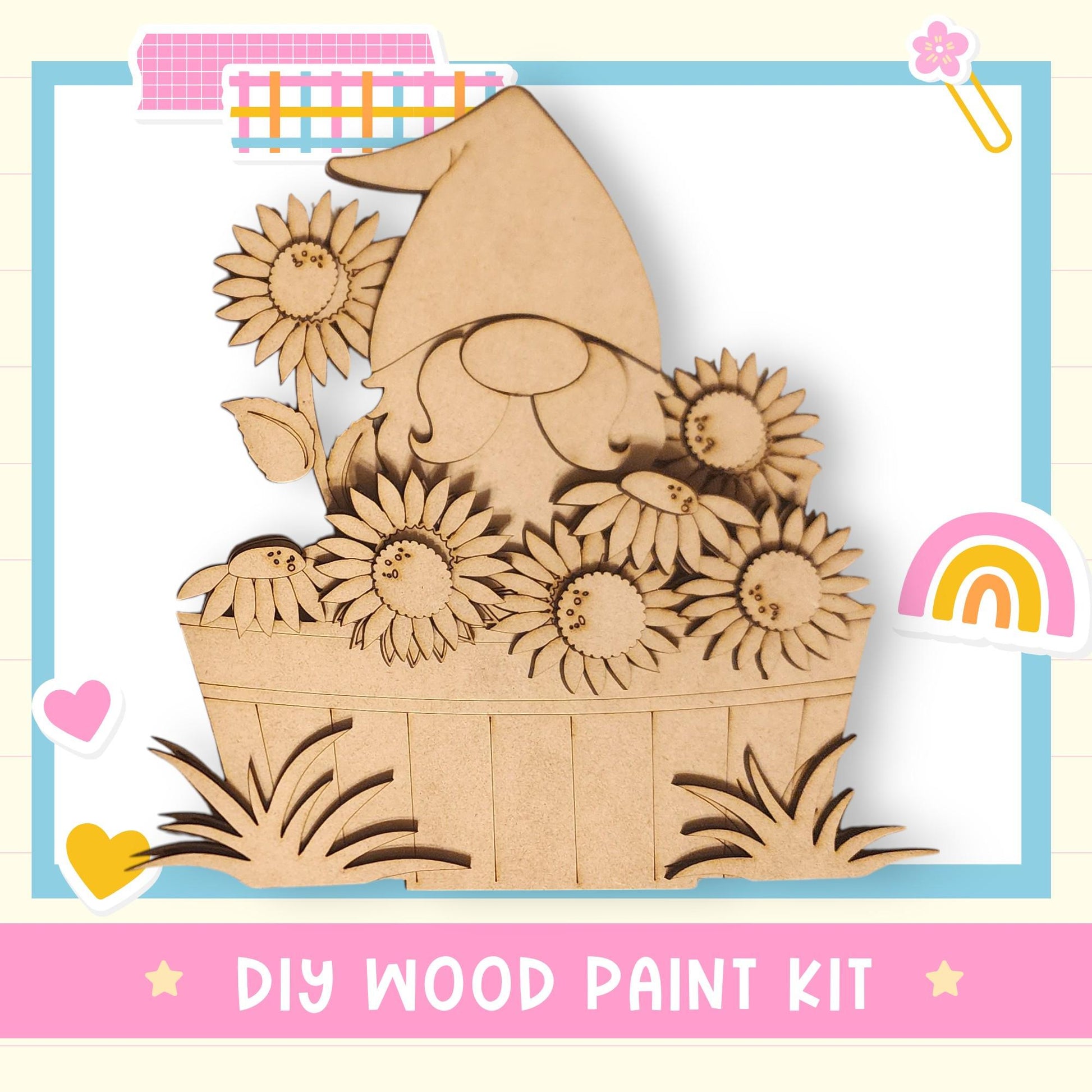 The image is a DIY wood paint kit featuring a wooden gnome figure surrounded by sunflowers in a basket.