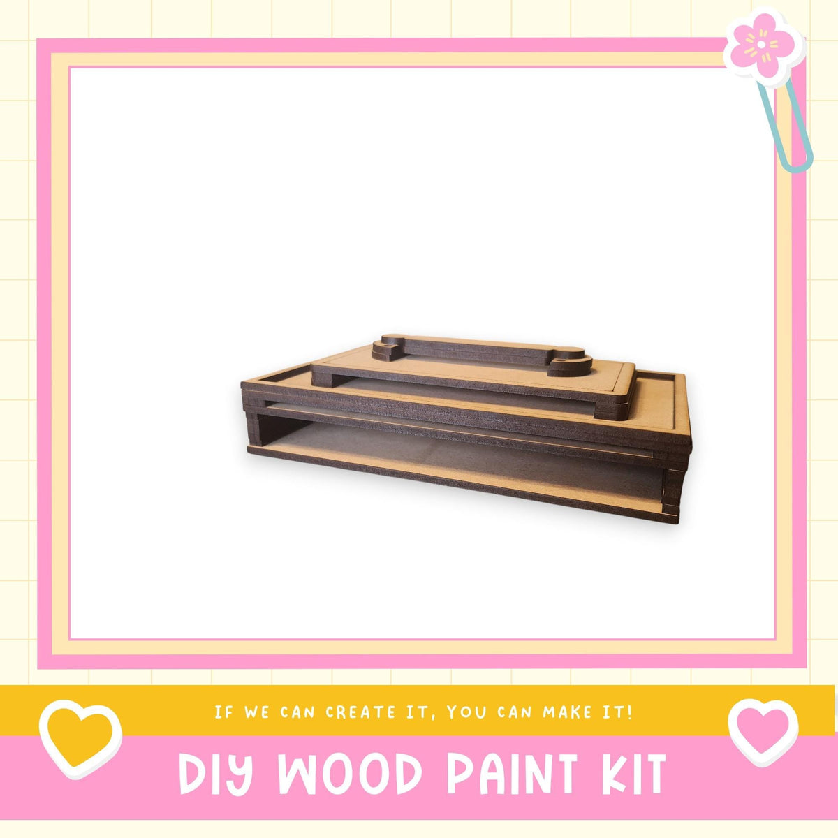 a DIY wood paint kit, with a wooden box and a wooden shelf visible.