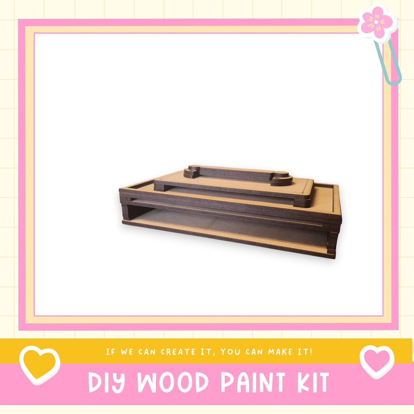 a DIY wood paint kit, with a wooden box and a wooden shelf visible.
