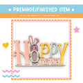 a sign that says happy with an image of a bunny