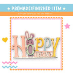 a sign that says happy with an image of a bunny
