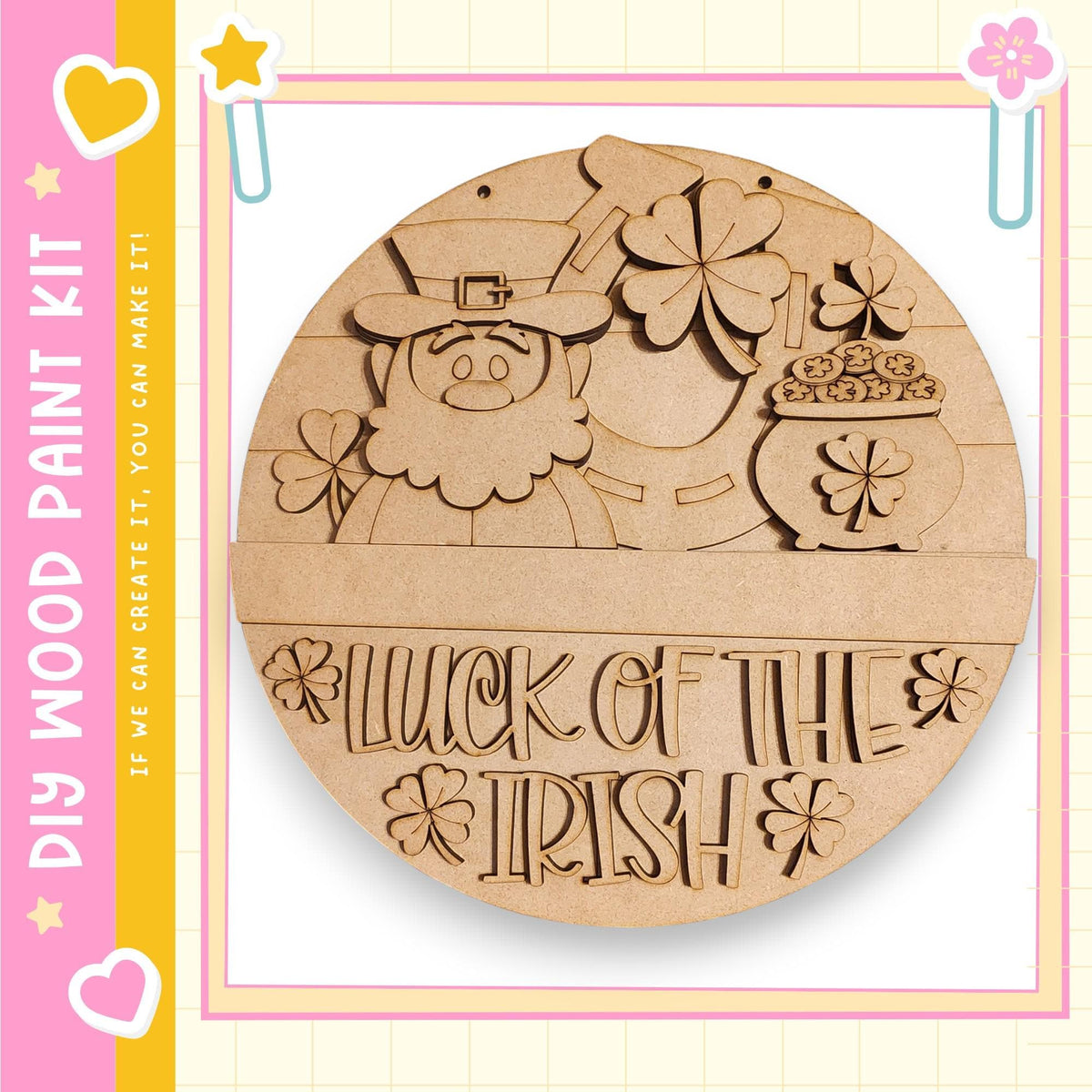 a wooden sign with the text " Luck of the Irish" carved into it, along with a depiction of a leprechaun and a pot of gold.