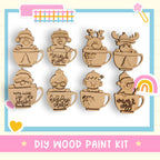 a DIY wood paint kit with various wooden ornaments, including characters and designs, such as a reindeer, a Christmas tree, and a cup with a snowman.