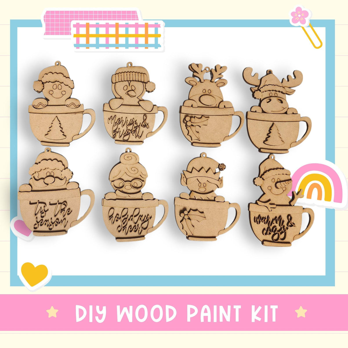 a DIY wood paint kit with various wooden ornaments, including characters and designs, such as a reindeer, a Christmas tree, and a cup with a snowman.