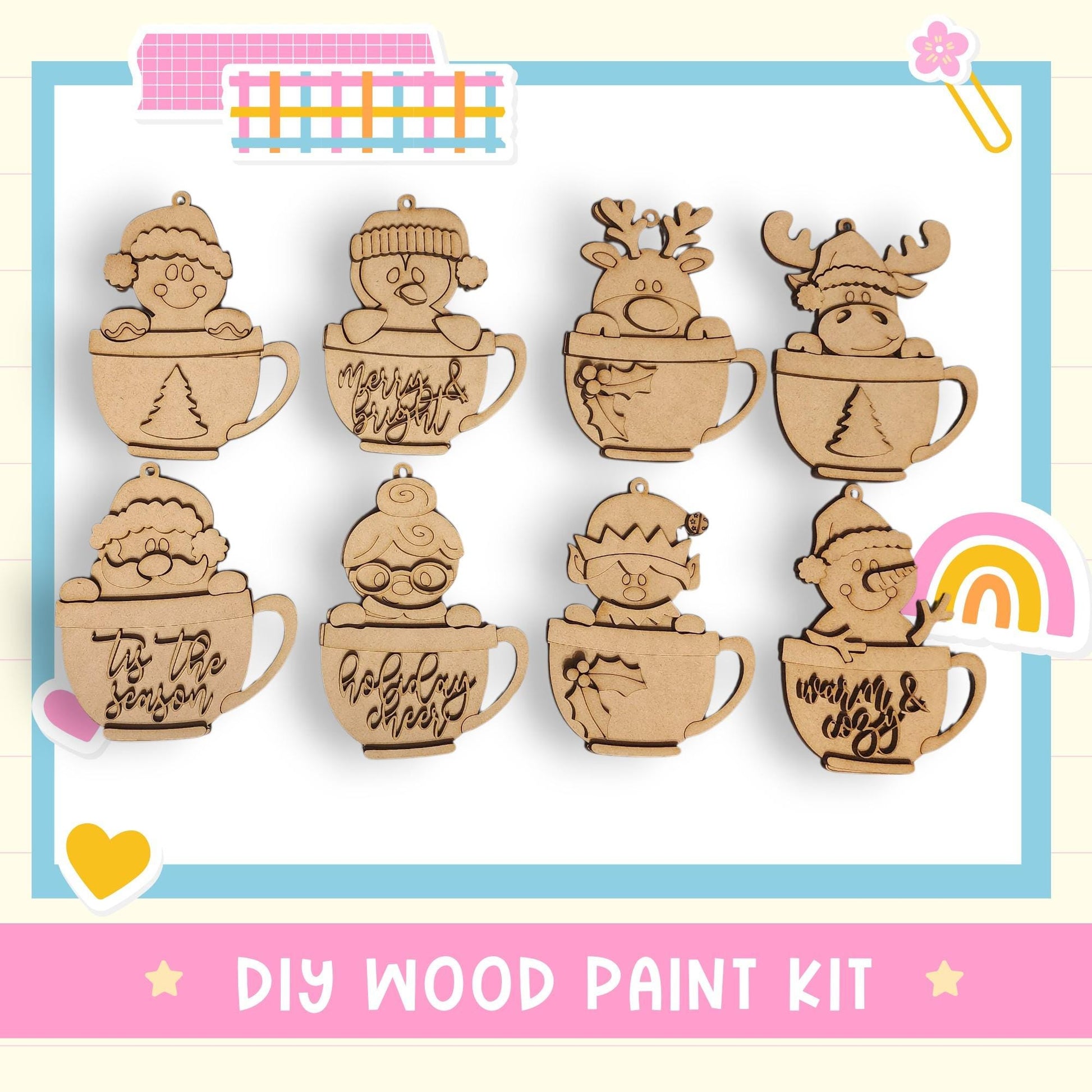 a DIY wood paint kit with various wooden ornaments, including characters and designs, such as a reindeer, a Christmas tree, and a cup with a snowman.