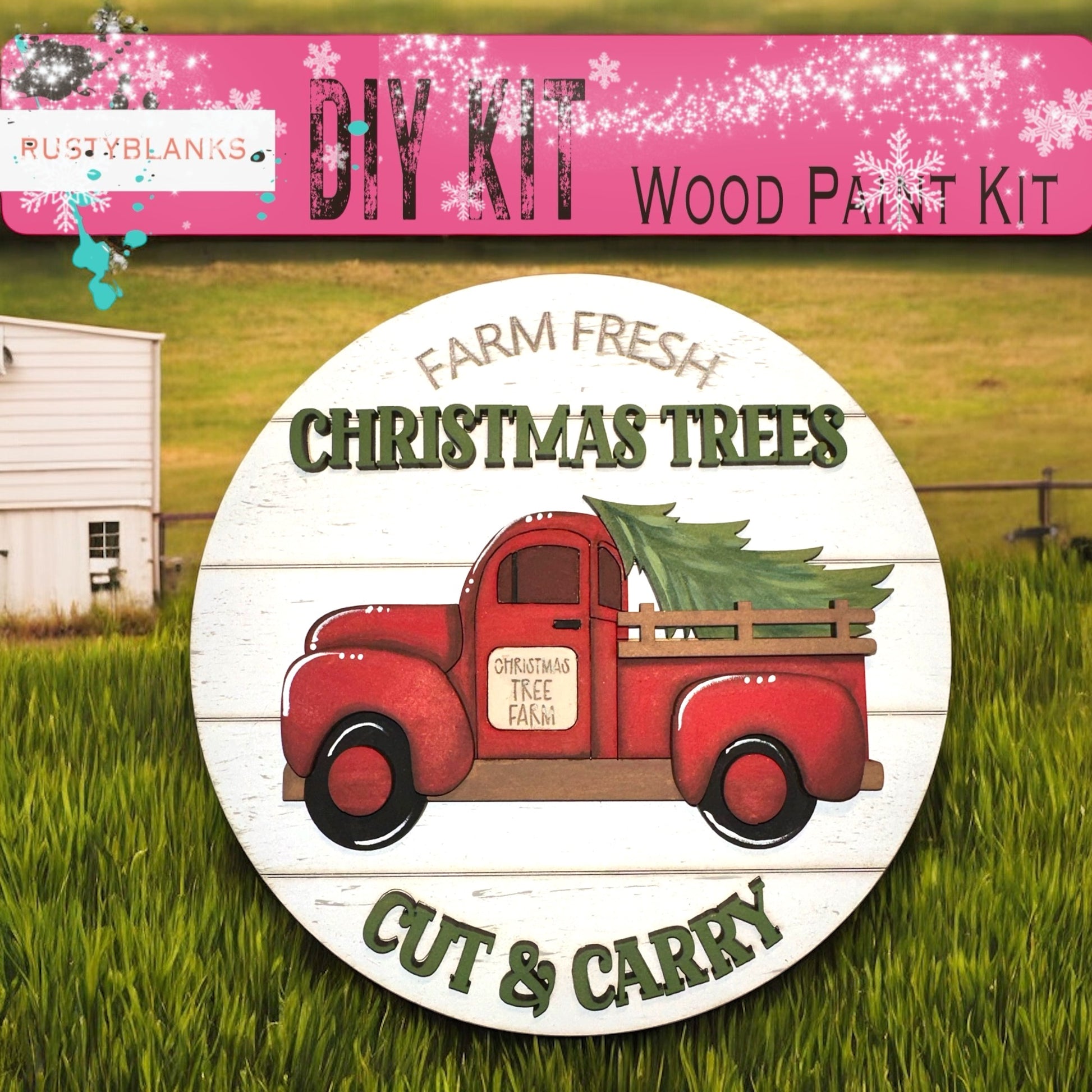 a red truck with a christmas tree on the back of it