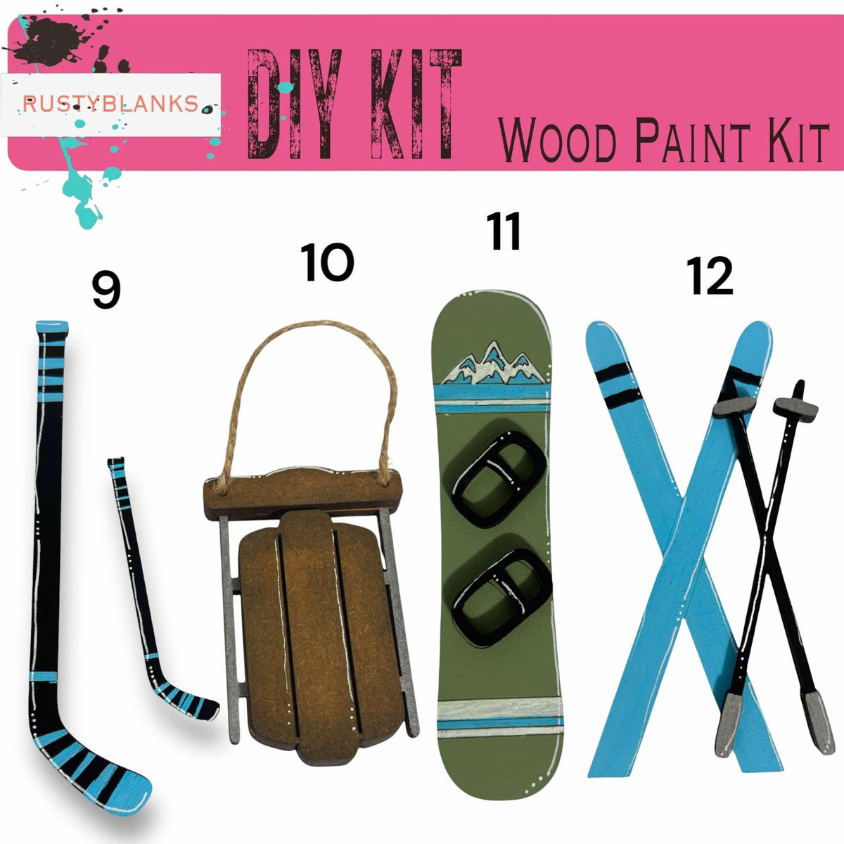 a snowboard, skis, snowboard, and ski poles are arranged in