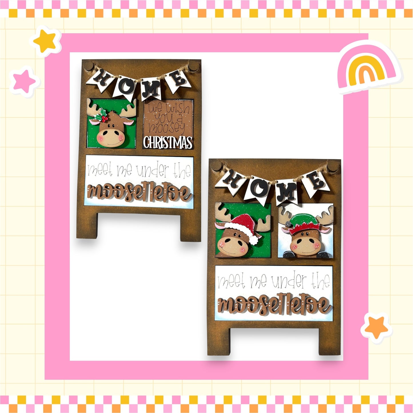two wooden signs with moose heads and the text "Home" written on them. The signs are decorated with a festive Christmas theme, and the background is pink and yellow.