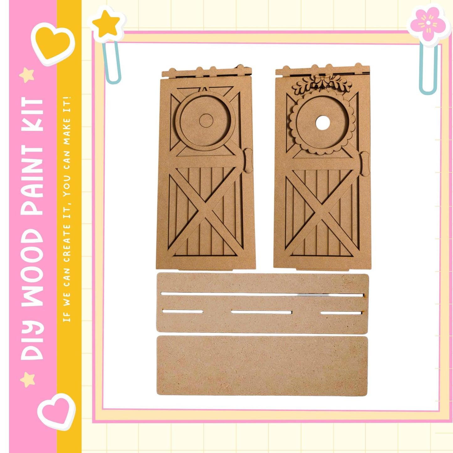 two wooden doors with decorative elements, such as a star and a wreath, attached to them. The doors appear to be made of cardboard and are part of a DIY wood paint kit.