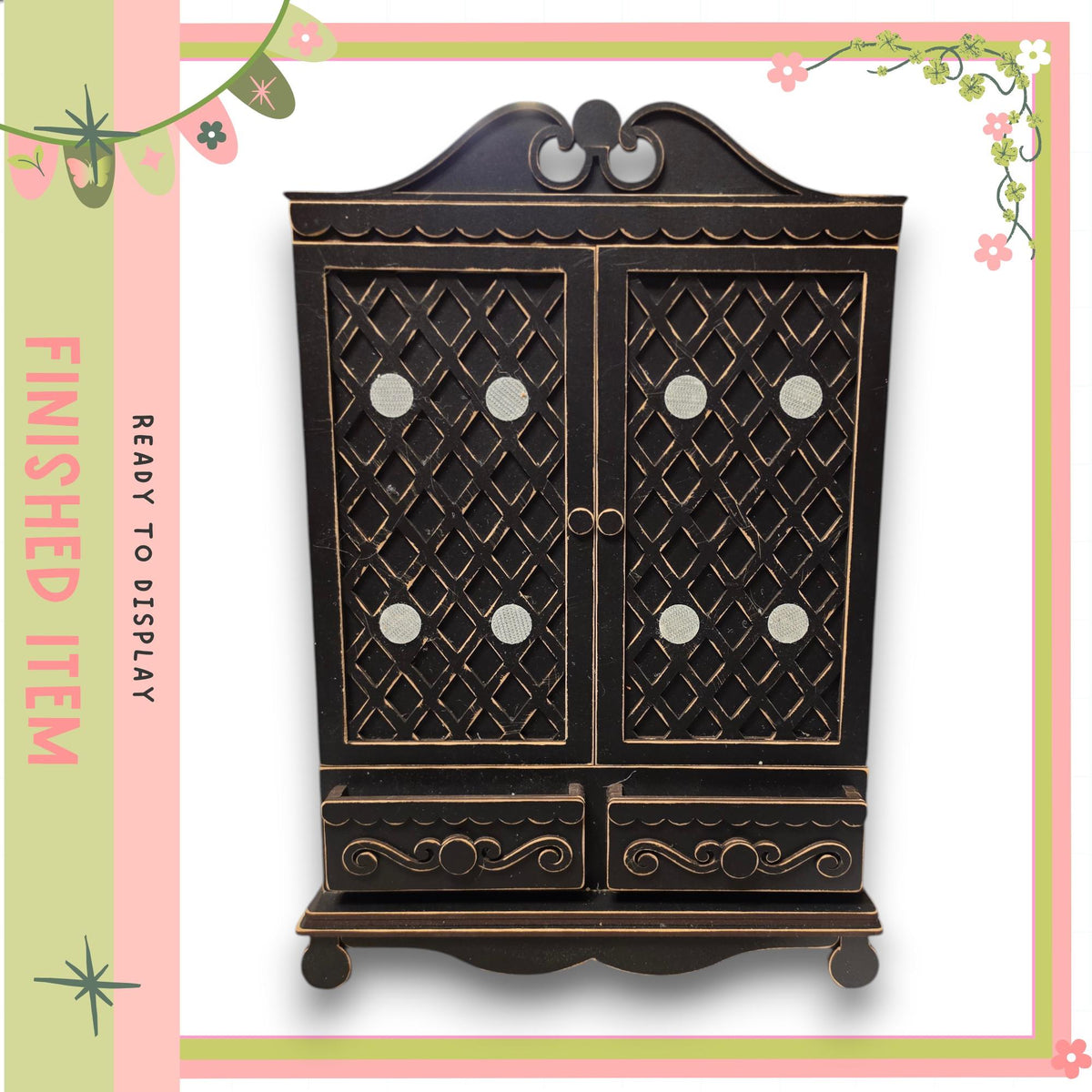 a dark wooden cabinet with intricate designs and decorative elements, such as circles and floral patterns, on its surface.