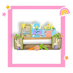 a picture of a shelf with some pictures on it