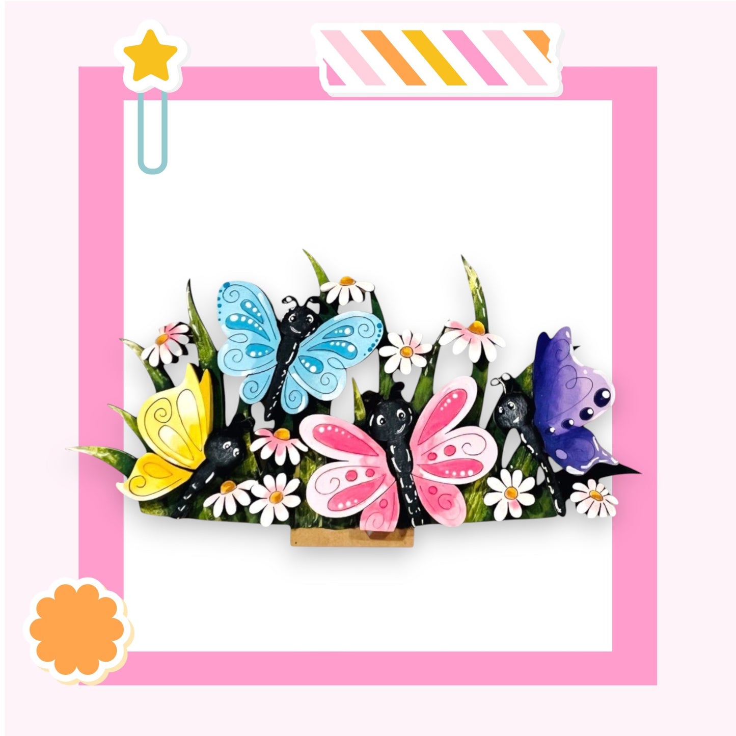 A colorful arrangement of butterflies and flowers in a frame, with a pink border and a star decoration.