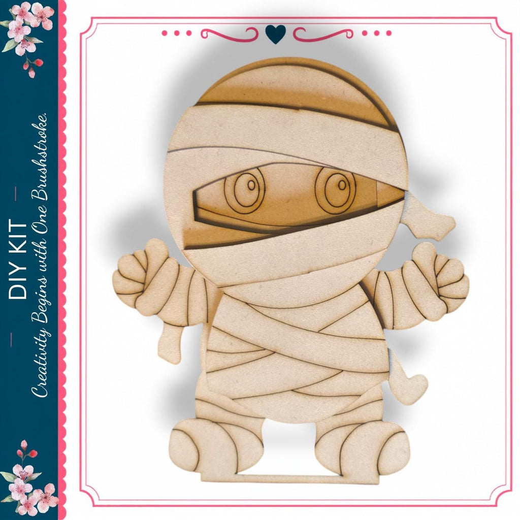 A wooden figure resembling a mummified character, with a bandage wrapped around its head and arms, is depicted in the image.