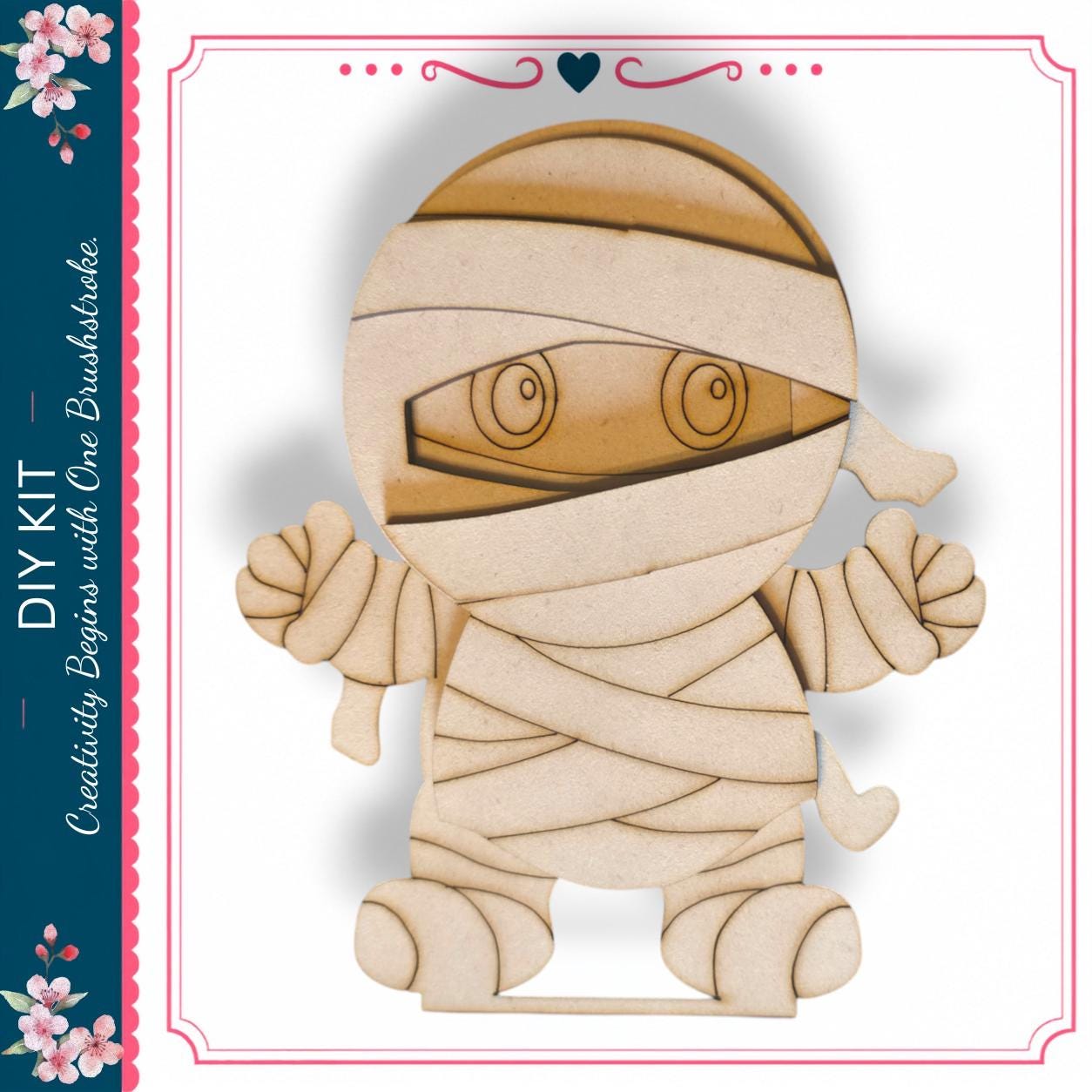 A wooden figure resembling a mummified character, with a bandage wrapped around its head and arms, is depicted in the image.
