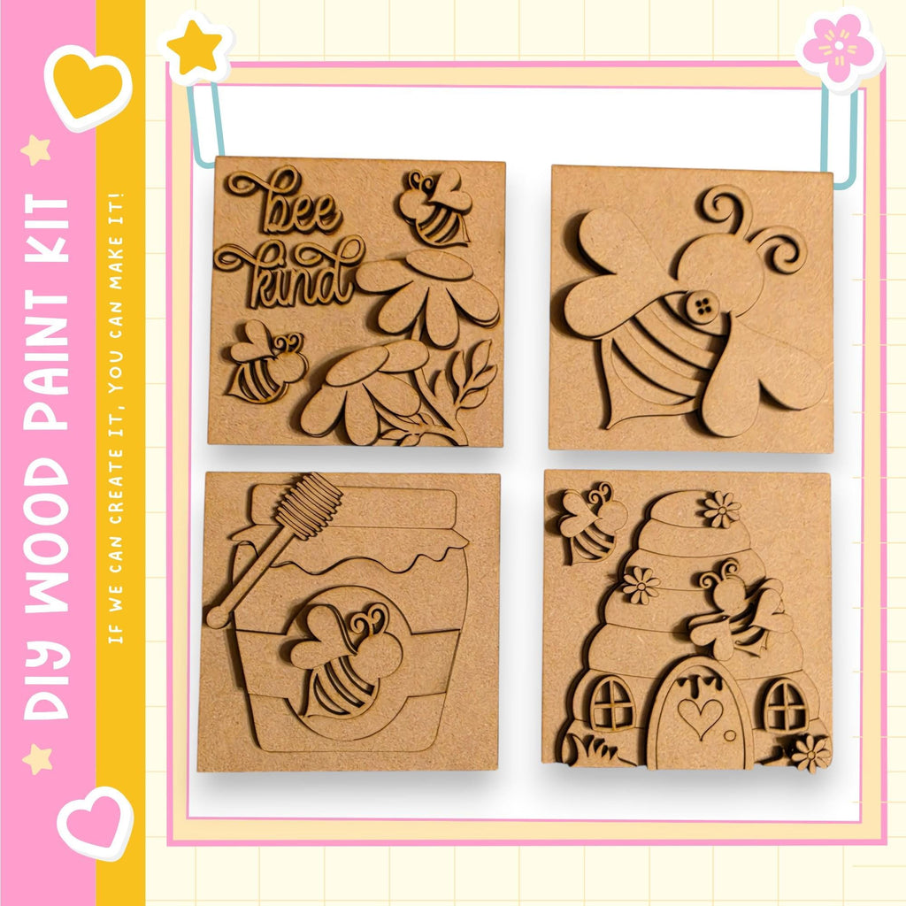 four wooden paint kits, each featuring a different design related to bees and honey. The kits include a honeycomb, a bee hive, a honey jar, and a bee-themed house.