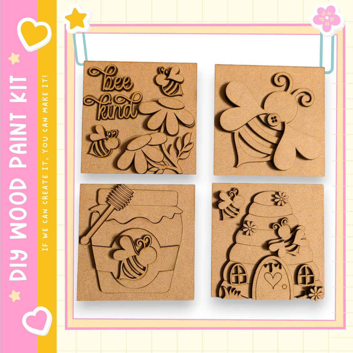 four wooden paint kits, each featuring a different design related to bees and honey. The kits include a honeycomb, a bee hive, a honey jar, and a bee-themed house.