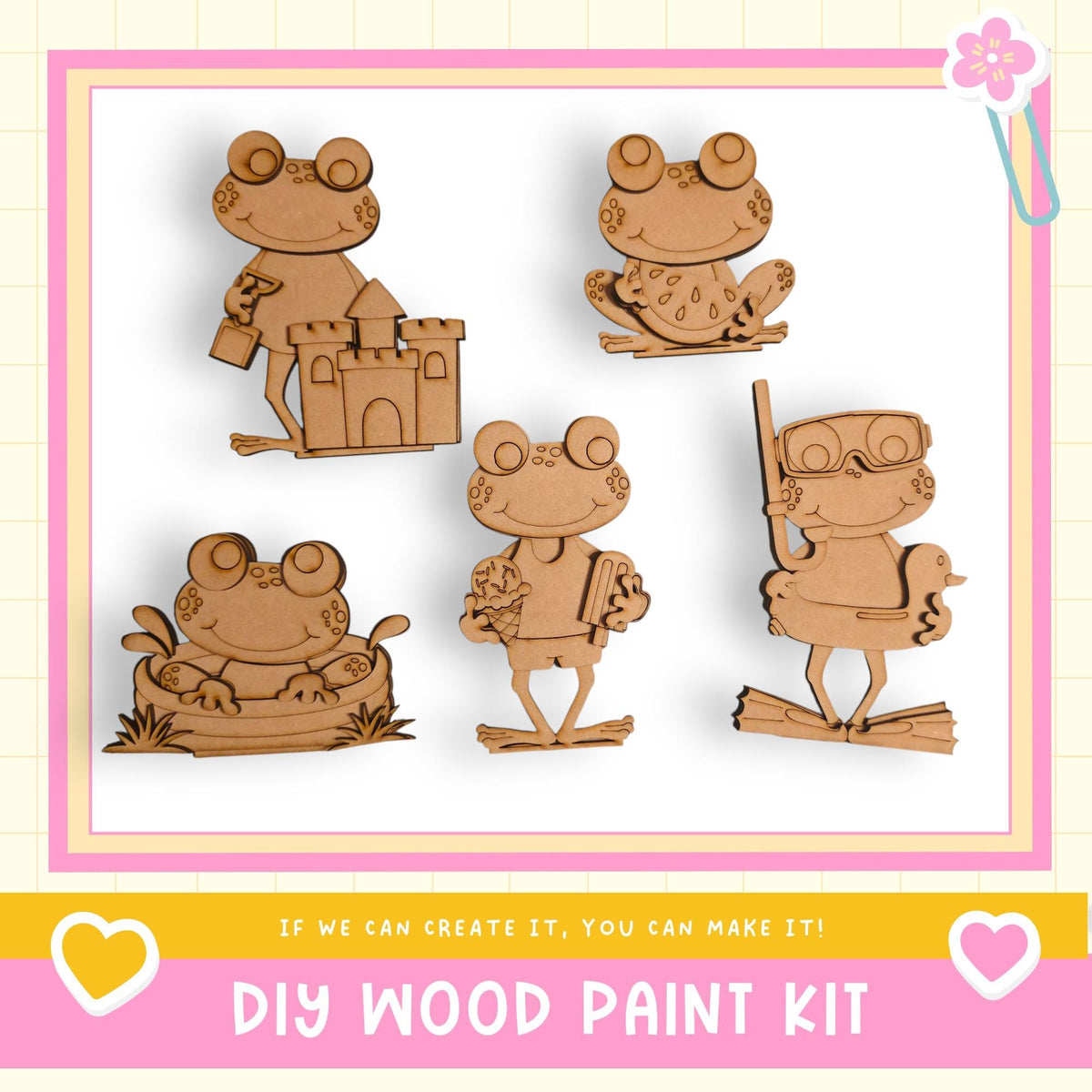 a DIY wood paint kit with five wooden frog figures in various poses, including one sitting on a castle, one holding a book, one holding a stick, one holding a stick and a book, and one holding a stick and a book.