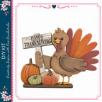 A wooden turkey holding a "Happy Thanksgiving" sign, surrounded by pumpkins and gourds, as part of a Thanksgiving-themed decoration.