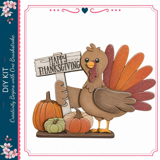 A wooden turkey holding a "Happy Thanksgiving" sign, surrounded by pumpkins and gourds, as part of a Thanksgiving-themed decoration.