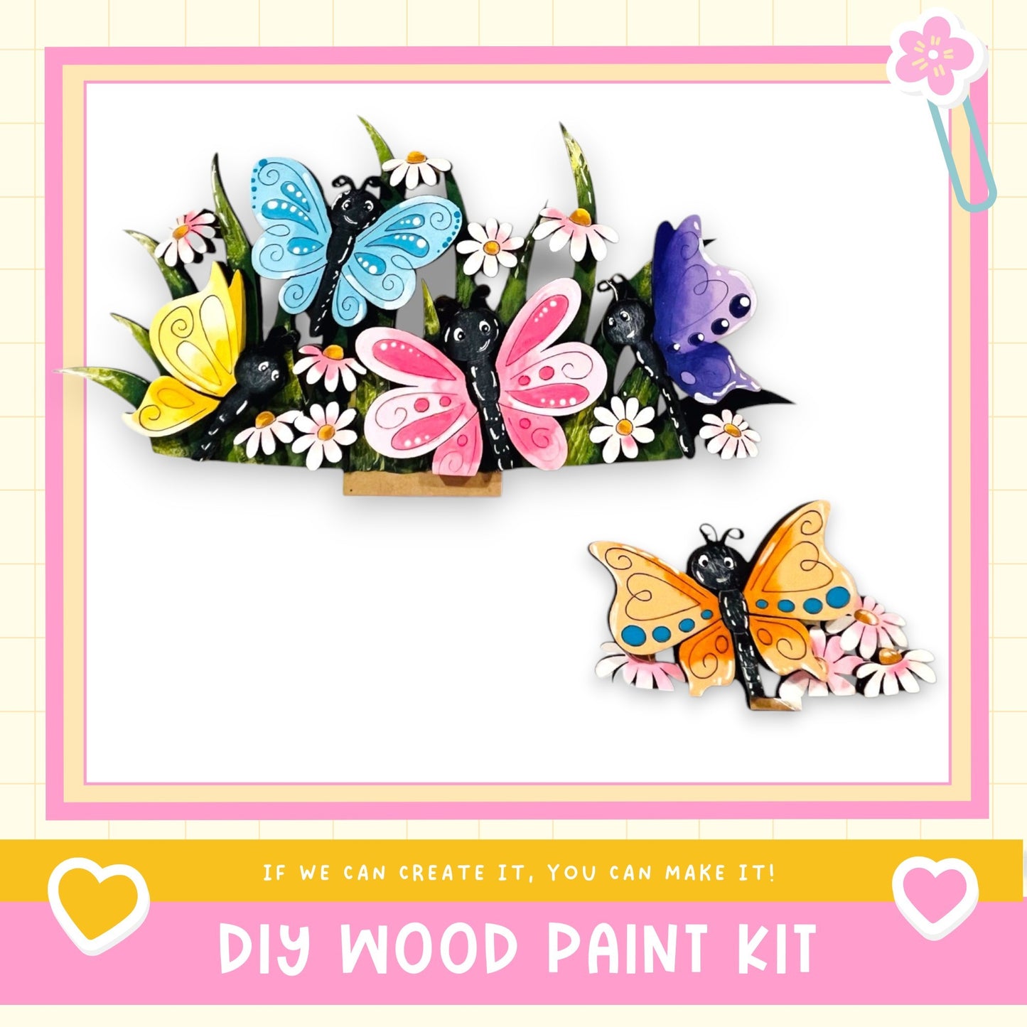 The image is a colorful and whimsical DIY wood paint kit featuring a variety of butterflies and flowers.