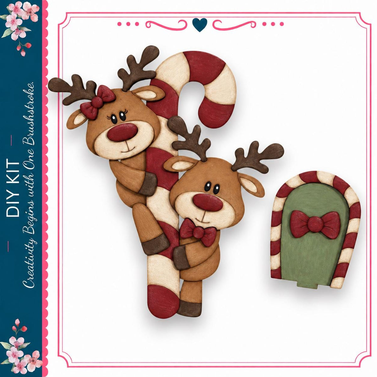 a festive scene with two wooden reindeer and a candy cane, all adorned with bows and red and white striped patterns.