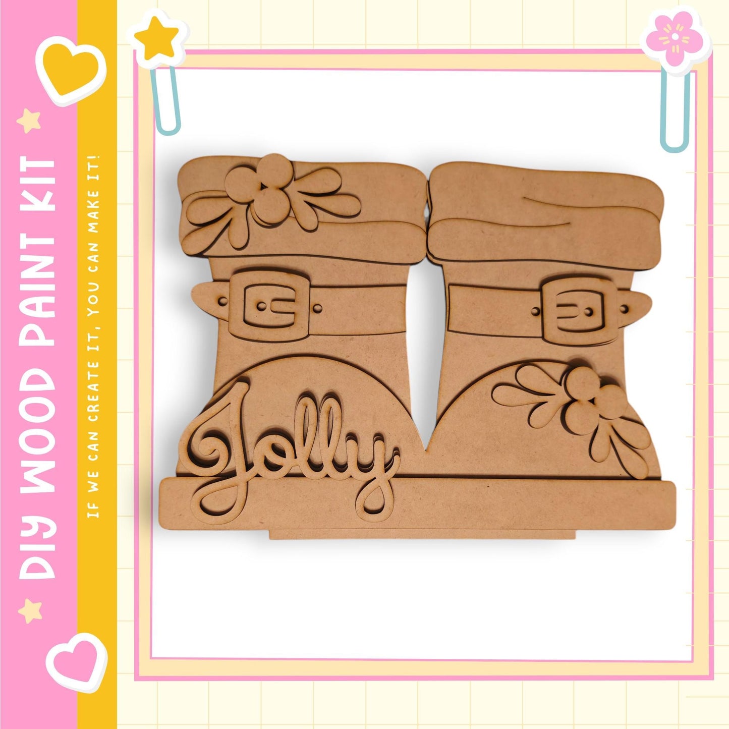 A pair of wooden paint shoes with the word "Jolly" written on them, set against a pink and yellow background with decorative elements.