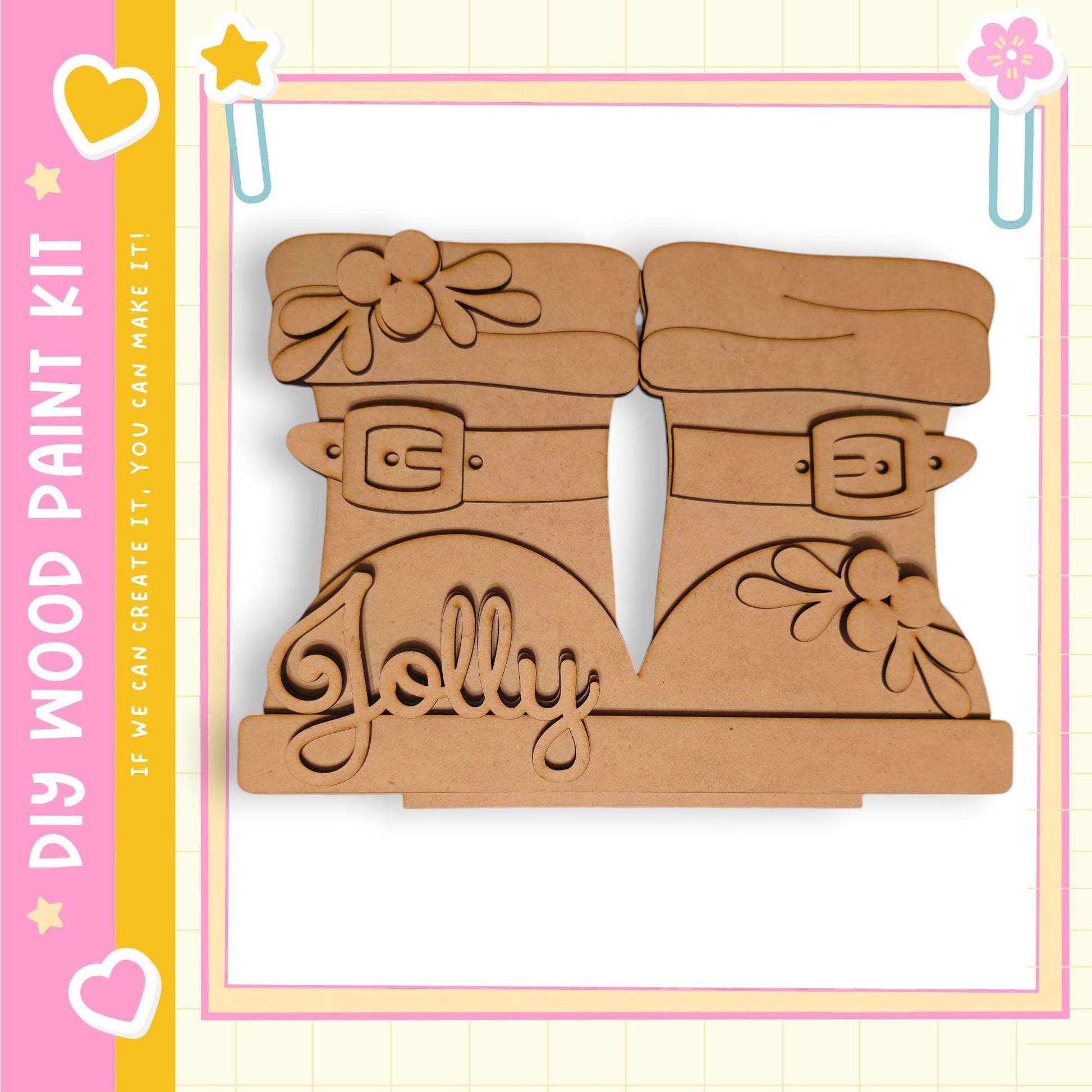 A pair of wooden paint shoes with the word "Jolly" written on them, set against a pink and yellow background with decorative elements.