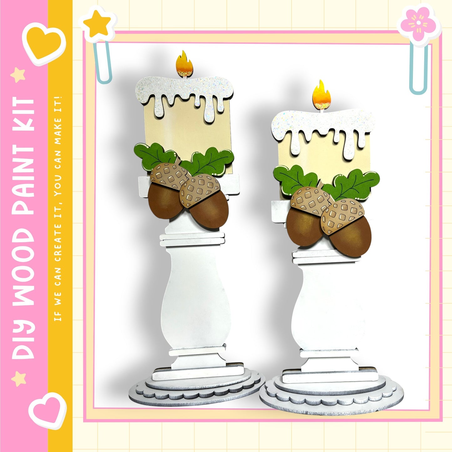 two white candle holders with decorative elements such as acorns and leaves, placed on a white pedestal.