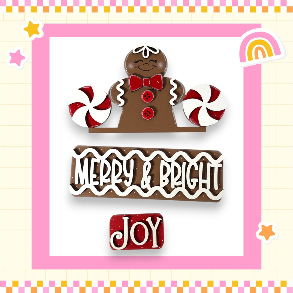 A festive holiday-themed image featuring a gingerbread man figure with candy canes, surrounded by a pink and white checkered border and the text "Merry & Bright Joy" in the center.