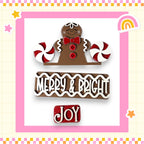 A festive holiday-themed image featuring a gingerbread man figure with candy canes, surrounded by a pink and white checkered border and the text "Merry & Bright Joy" in the center.