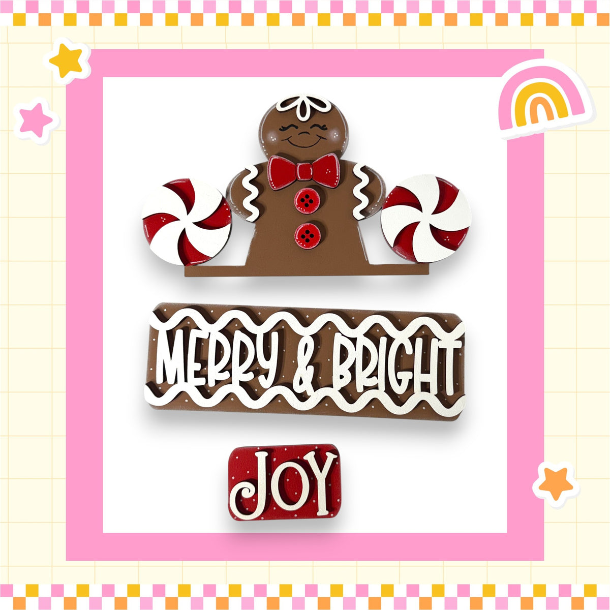 A festive holiday-themed image featuring a gingerbread man figure with candy canes, surrounded by a pink and white checkered border and the text "Merry & Bright Joy" in the center.