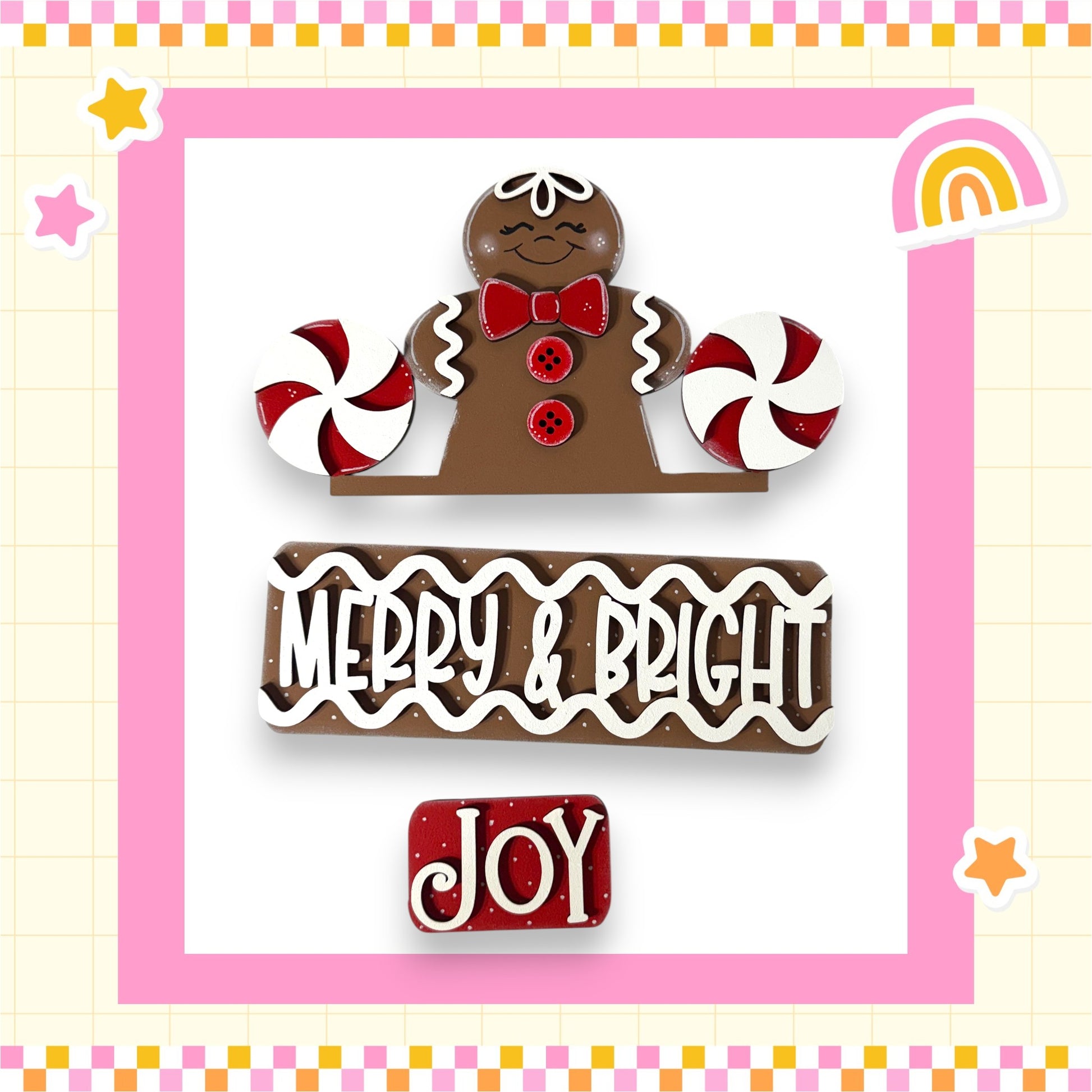 A festive holiday-themed image featuring a gingerbread man figure with candy canes, surrounded by a pink and white checkered border and the text "Merry & Bright Joy" in the center.