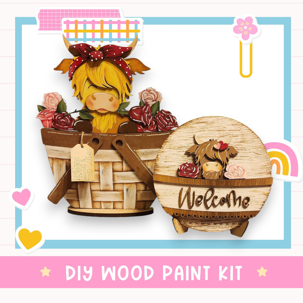 a DIY wood paint kit with a wooden basket and a wooden sign. The basket contains a wooden cow and a wooden flower, while the sign has a wooden cow and a wooden flower. The kit is presented in a pink and blue frame, and the text "DIY WOOD PAINT KIT" is displayed at the bottom.