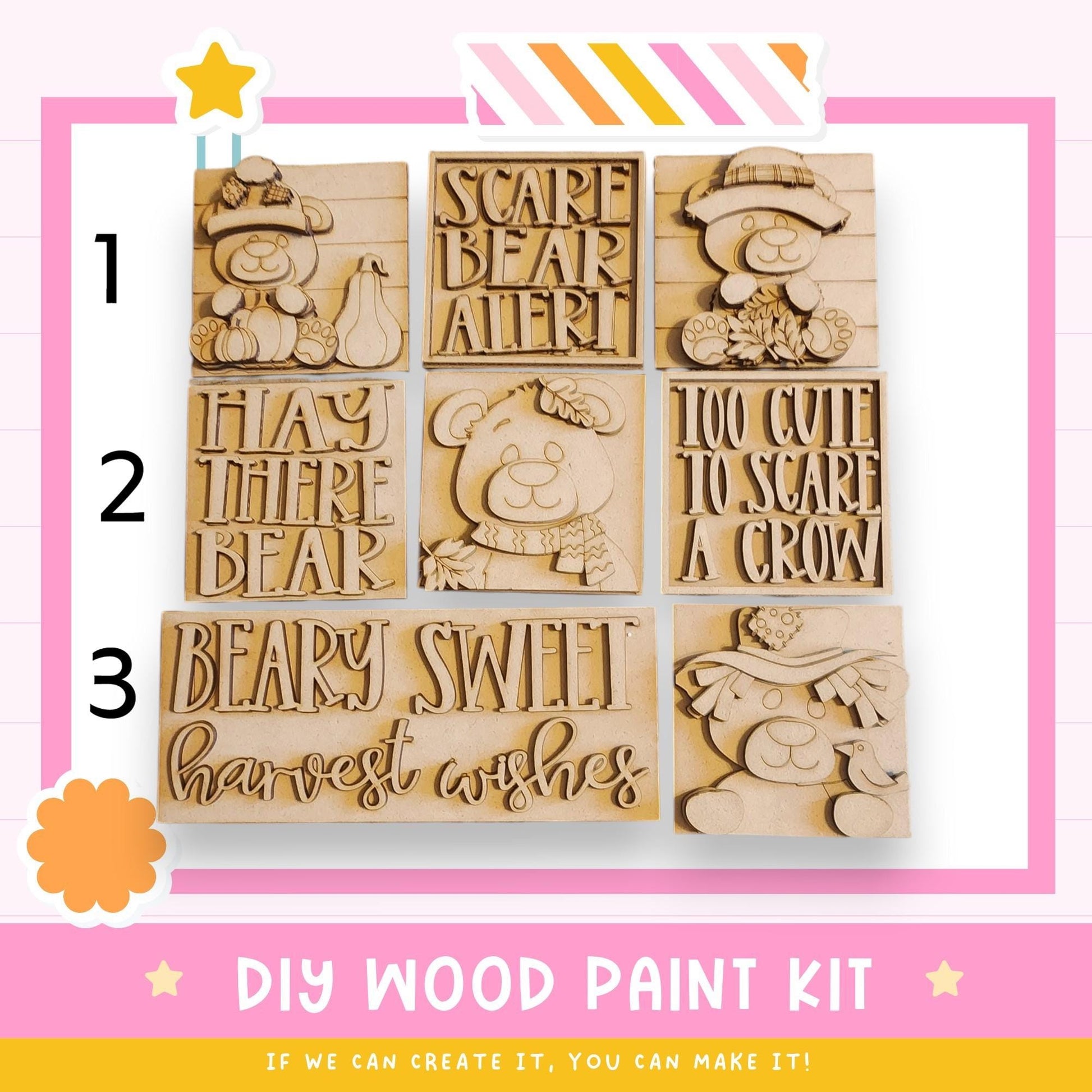 The image is a DIY wood paint kit featuring various wooden shapes and designs, including a bear, a scarecrow, and a bird.