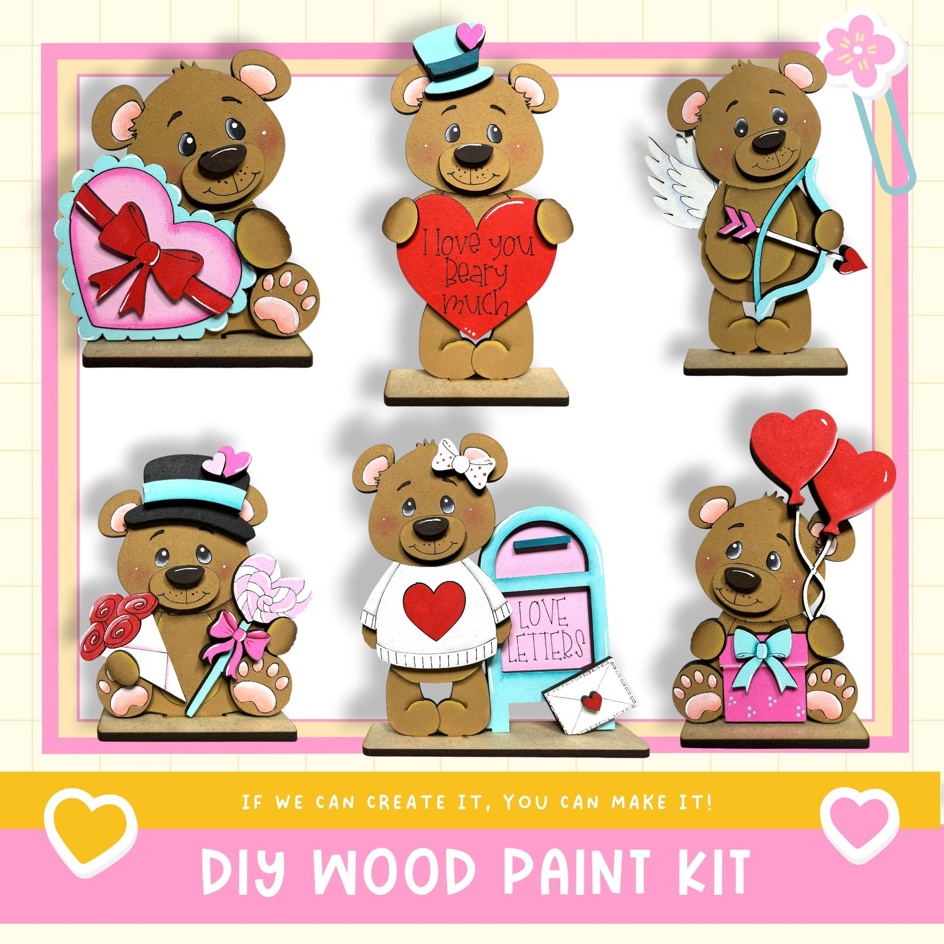 The image is a collage of six wooden teddy bear figurines, each holding a different Valentine's Day-themed item such as a heart, a letter, a bow, and a balloon.